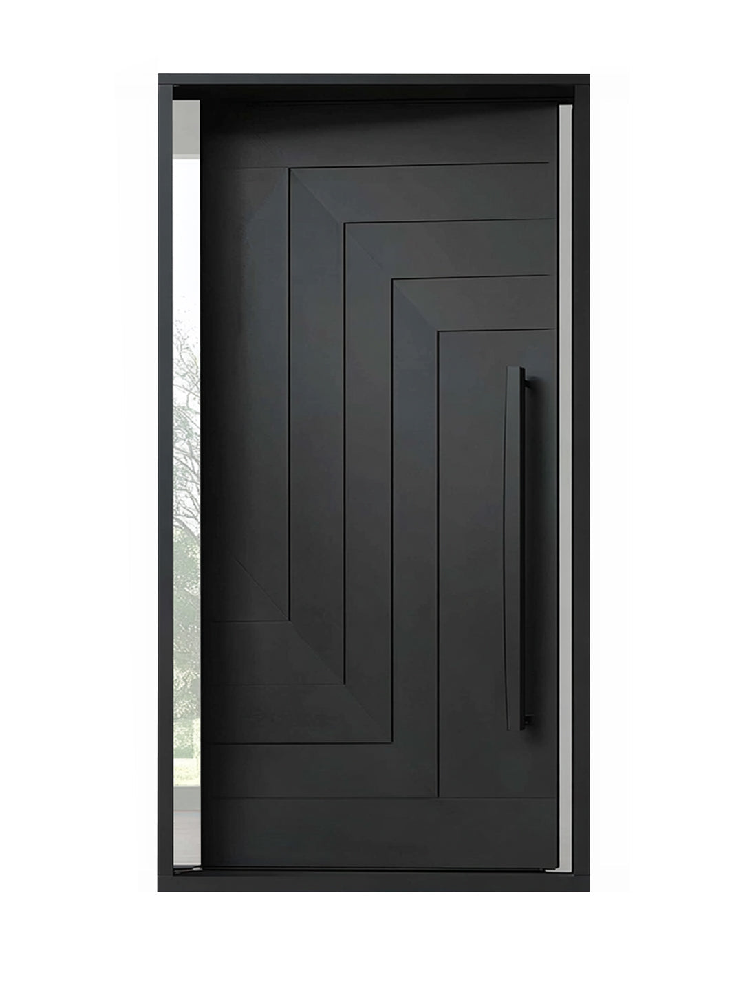 Black door with a handle on a white background