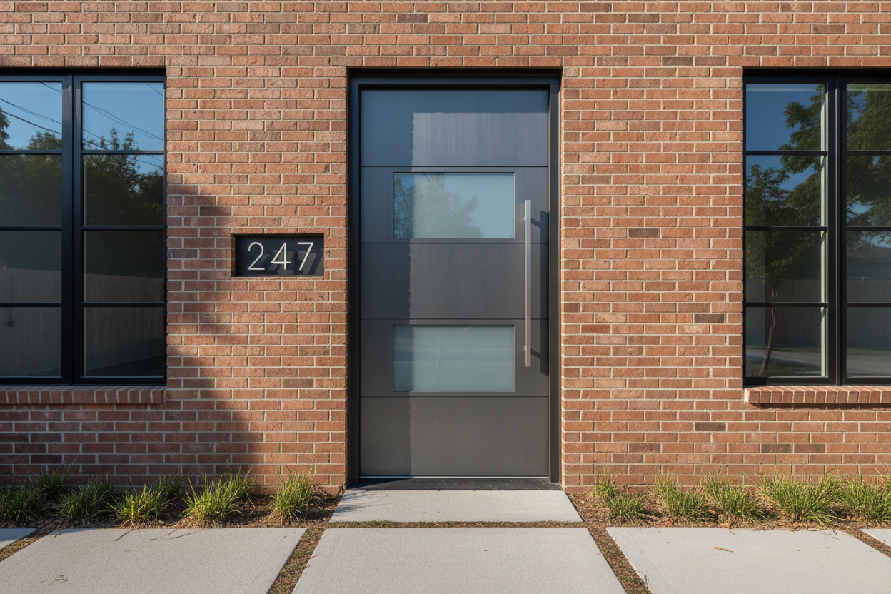 a modern steel door in a residential, brick building. architectural style, realistic, photography